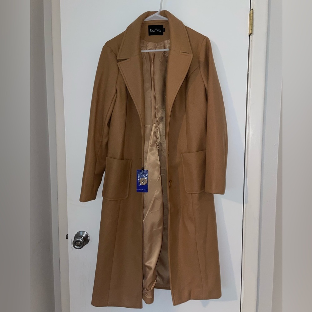 Chouyatou Women’s Big Notch Lapel Single Breasted Wool Blend Coat Trench